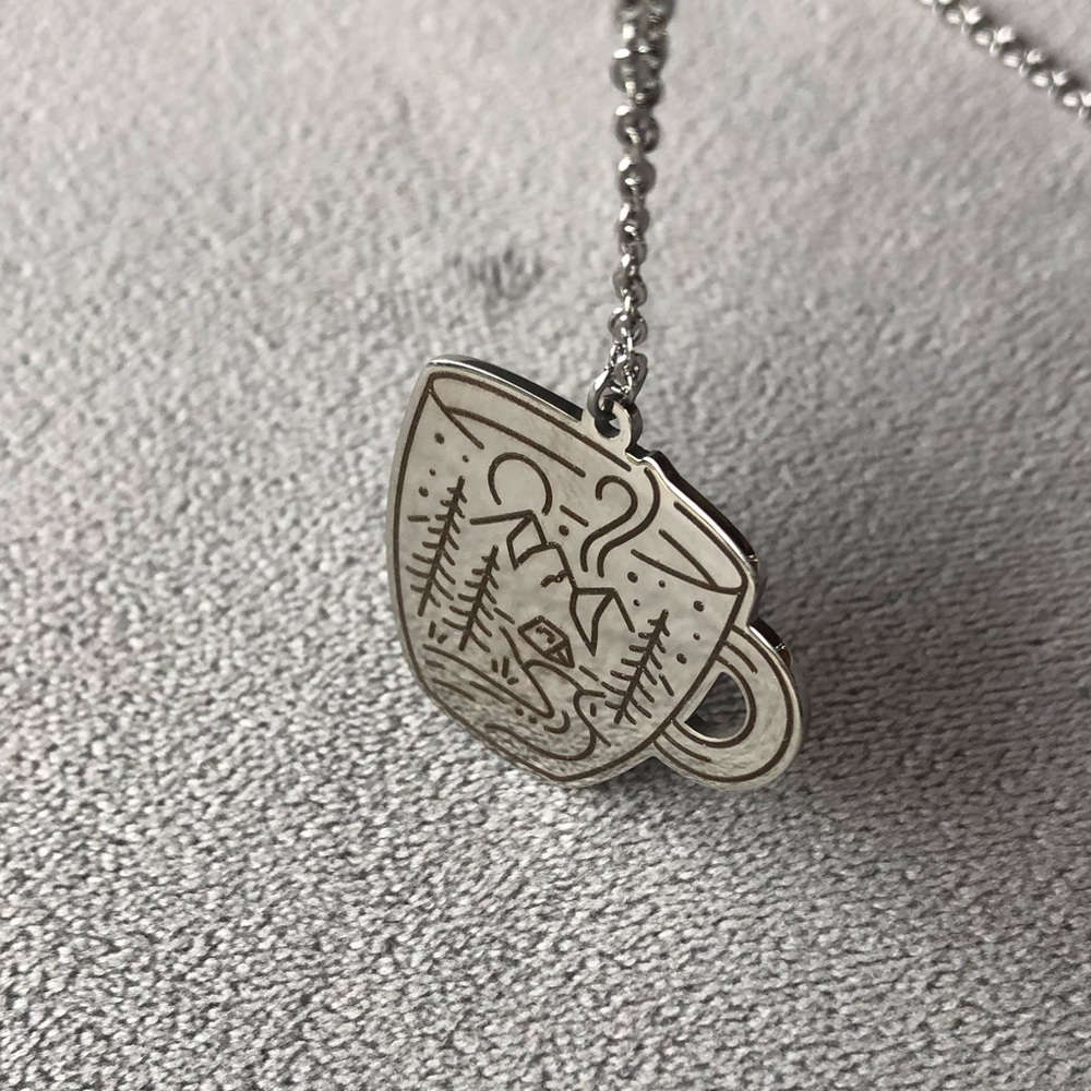 Mug with Mountain Scene ~ Stainless Steel Pendant ~ Adjustable Necklace ~ NWT!